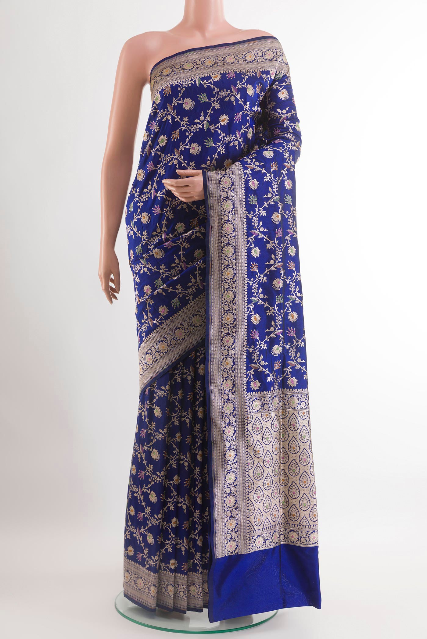 Blue Banarasi Silk Saree with Zari Brocade on the body and Zari Border.  displayed on a mannequin