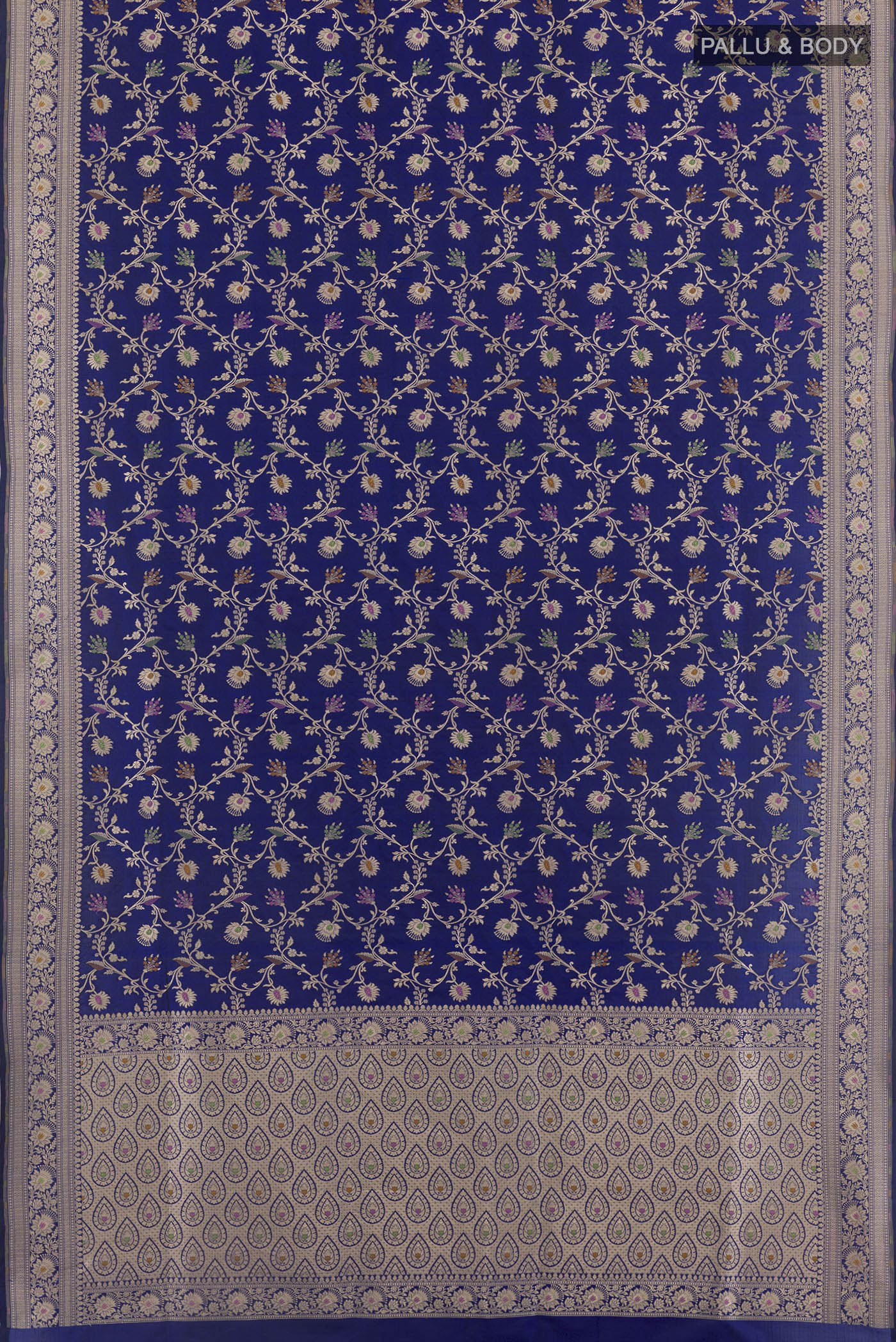 Flat view of Blue Banarasi Silk Saree with Zari Brocade on the body and Zari Border. 