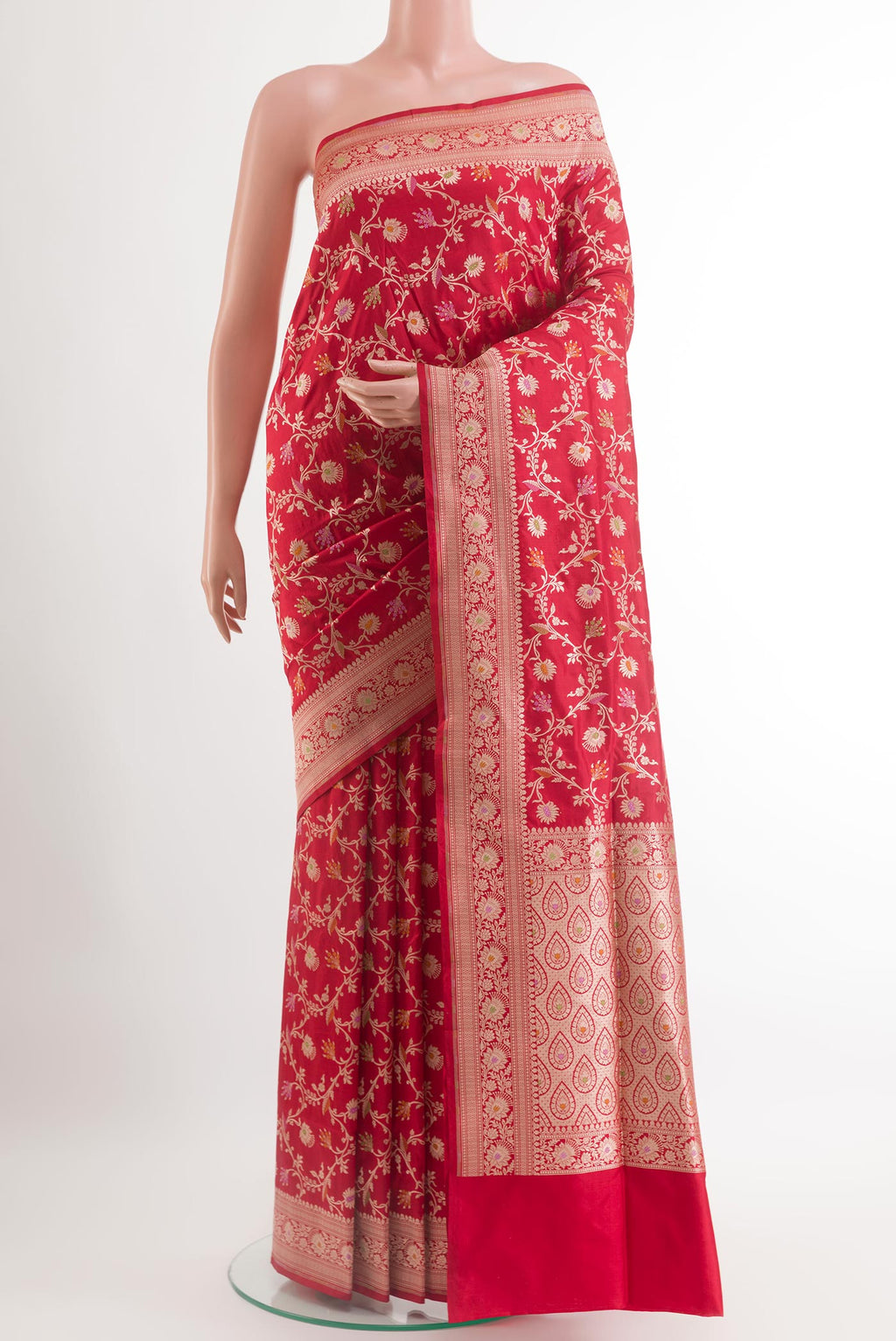 Red Banarasi Silk Saree with Zari Brocade on the body and Zari Border.  displayed on a mannequin