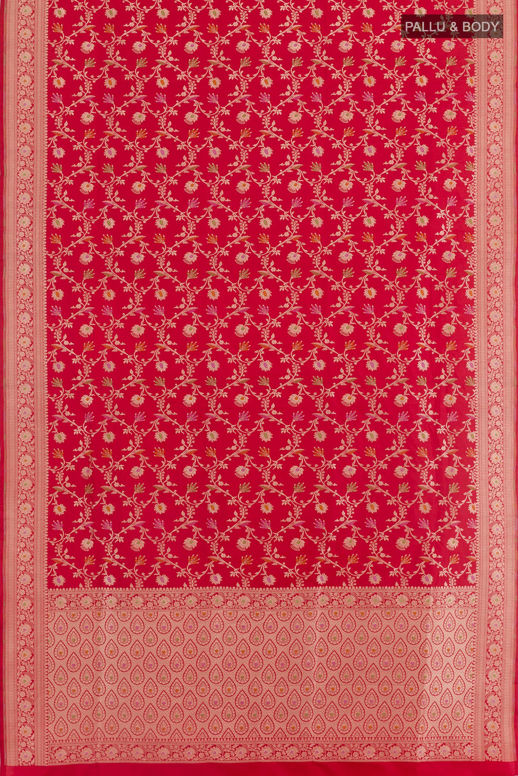 Flat view of Red Banarasi Silk Saree with Zari Brocade on the body and Zari Border. 