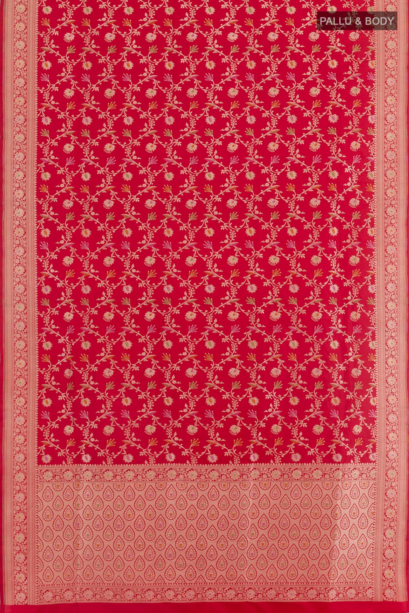 Flat view of Red Banarasi Silk Saree with Zari Brocade on the body and Zari Border. 