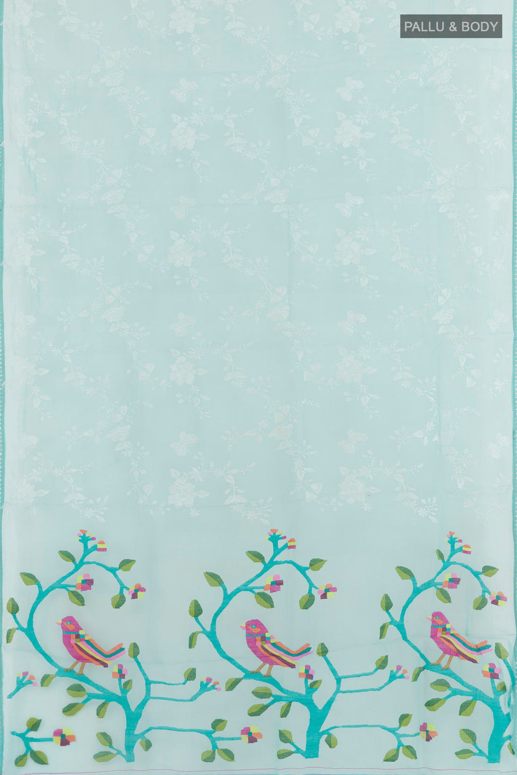 Flat view of Blue Organza Silk Saree with Embroidery on the body and Embroidery Border. 