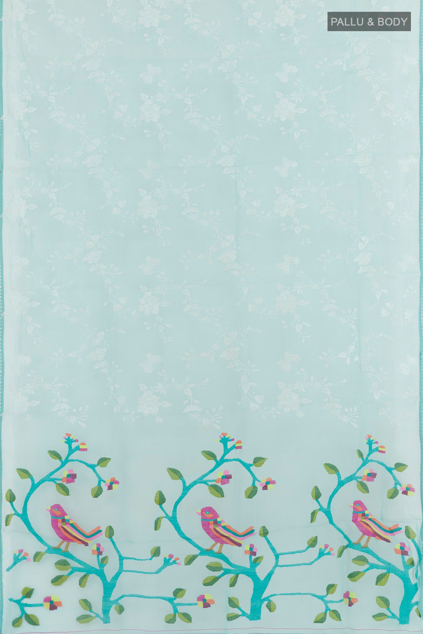 Flat view of Blue Organza Silk Saree with Embroidery on the body and Embroidery Border. 