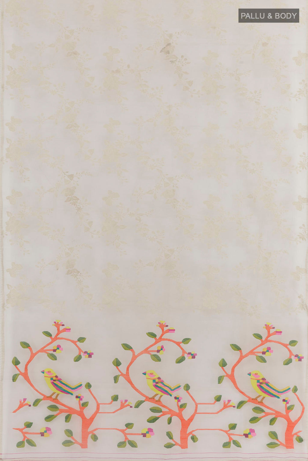 Flat view of Off White Organza Silk Saree with Embroidery on the body and Embroidery Border. 