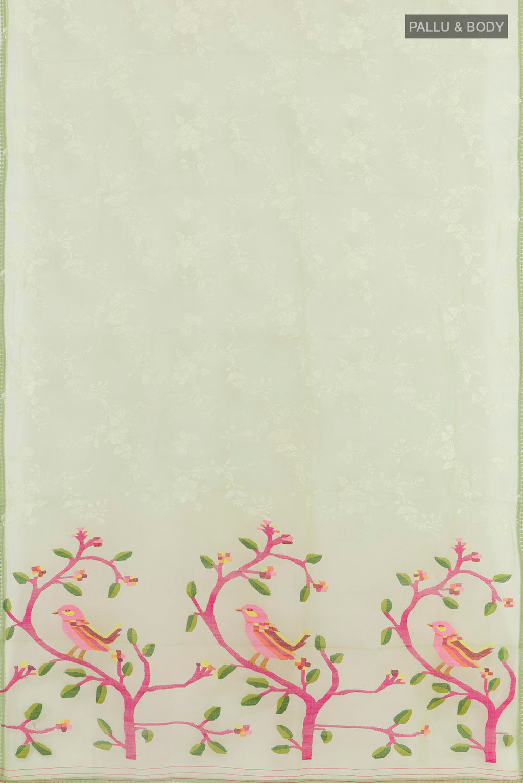 Flat view of Green Organza Silk Saree with Embroidery on the body and Embroidery Border. 