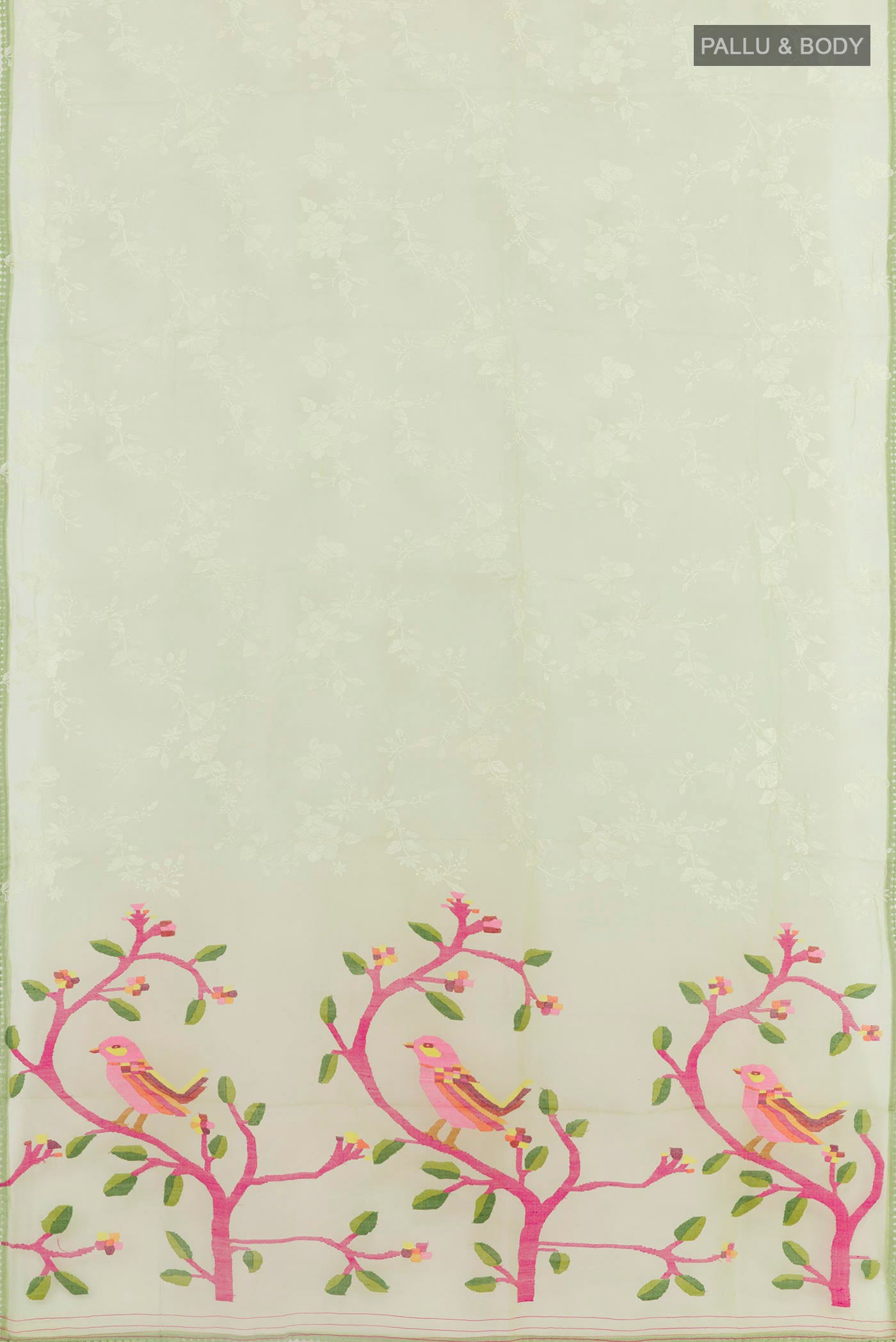 Flat view of Green Organza Silk Saree with Embroidery on the body and Embroidery Border. 