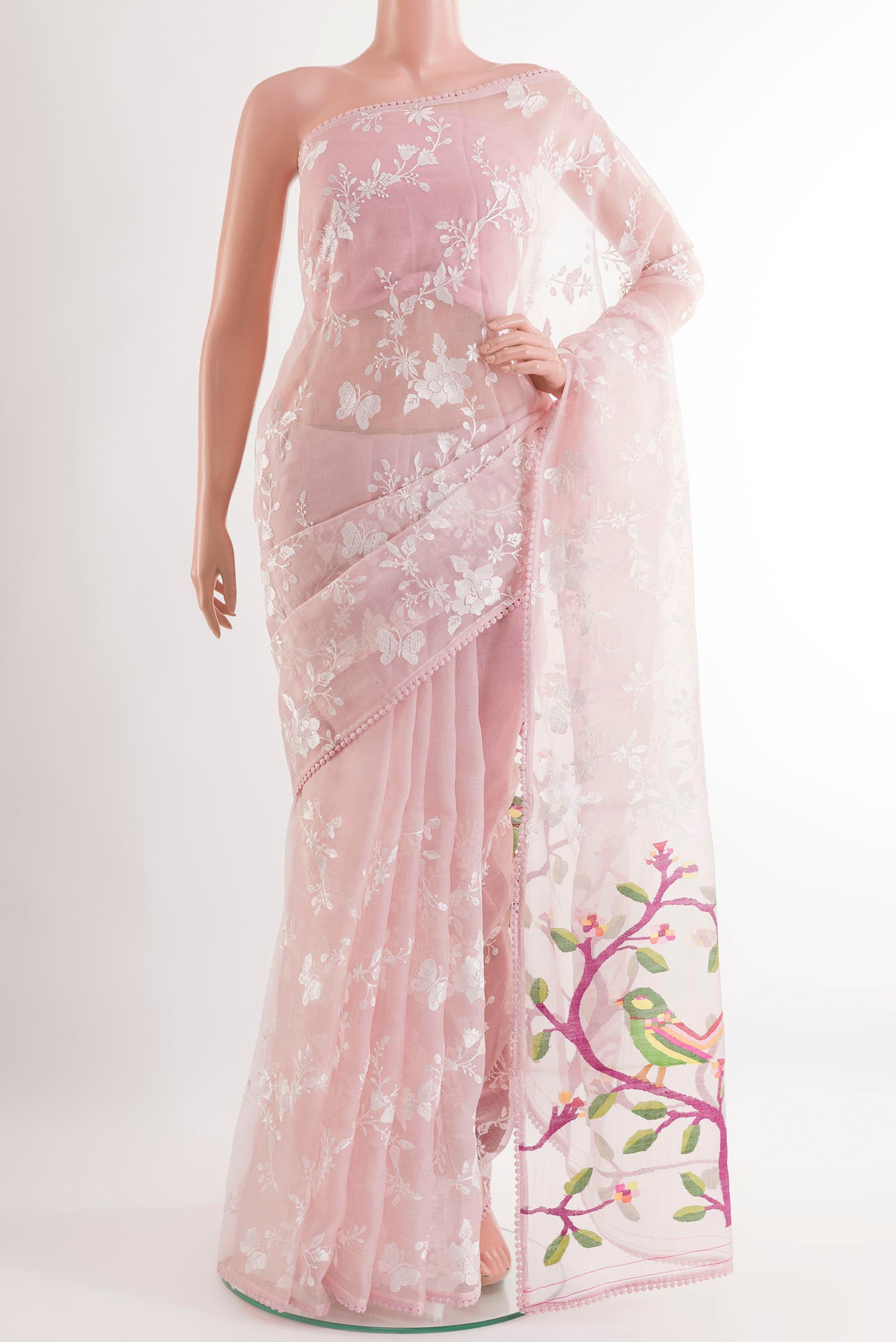 Pink Organza Silk Saree with Embroidery on the body and Embroidery Border.  displayed on a mannequin