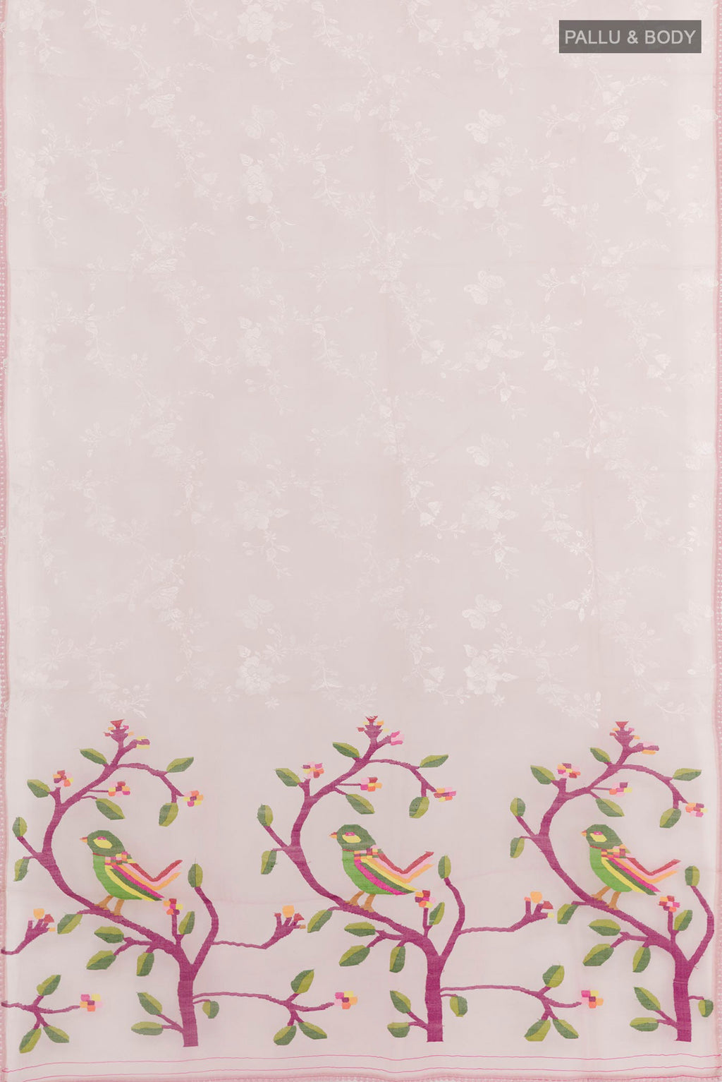Flat view of Pink Organza Silk Saree with Embroidery on the body and Embroidery Border. 