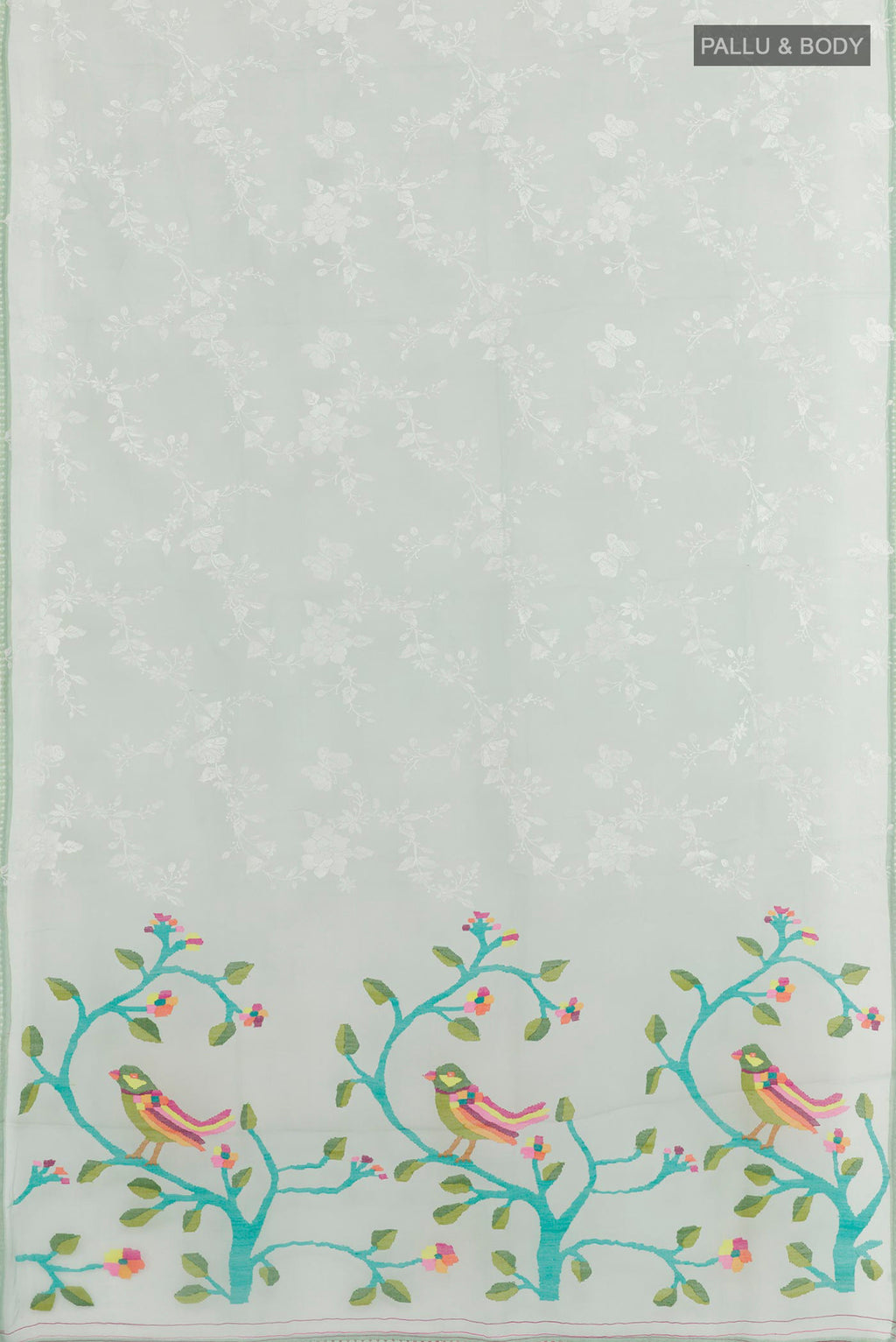 Flat view of Green Organza Silk Saree with Embroidery on the body and Embroidery Border. 