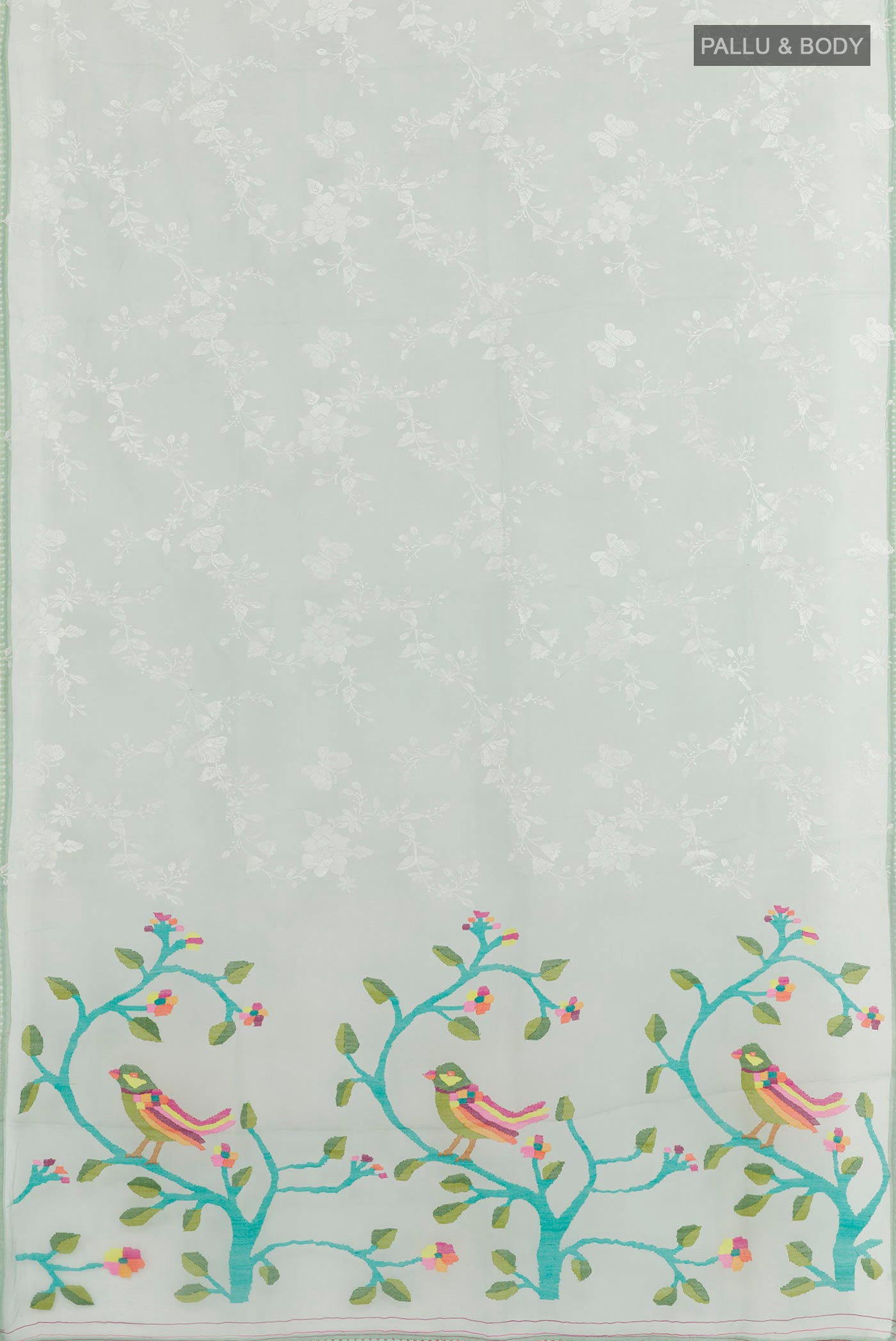 Flat view of Green Organza Silk Saree with Embroidery on the body and Embroidery Border. 