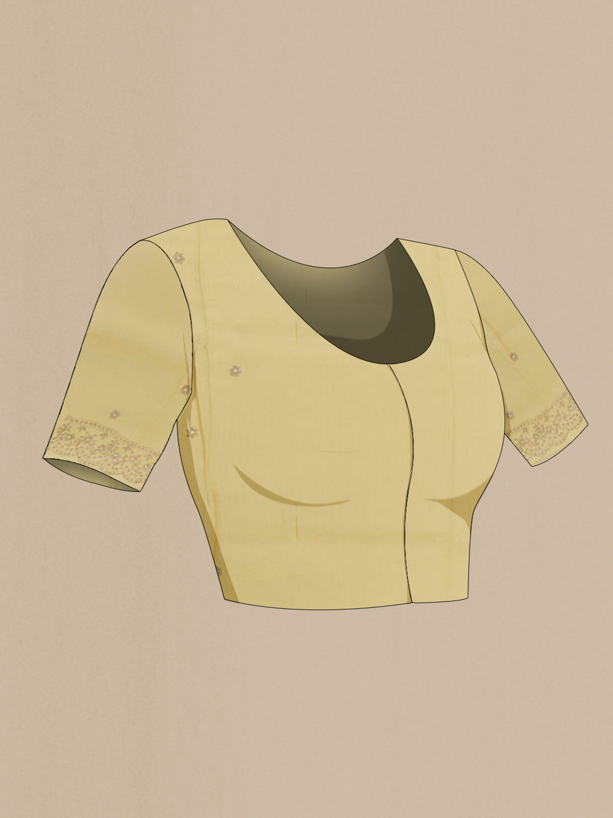 Close up image of the blouse of Yellow Organza Silk Saree with Embroidery on the body and Embroidery Border. 