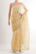 Yellow Organza Silk Saree with Embroidery on the body and Embroidery Border.  displayed on a mannequin