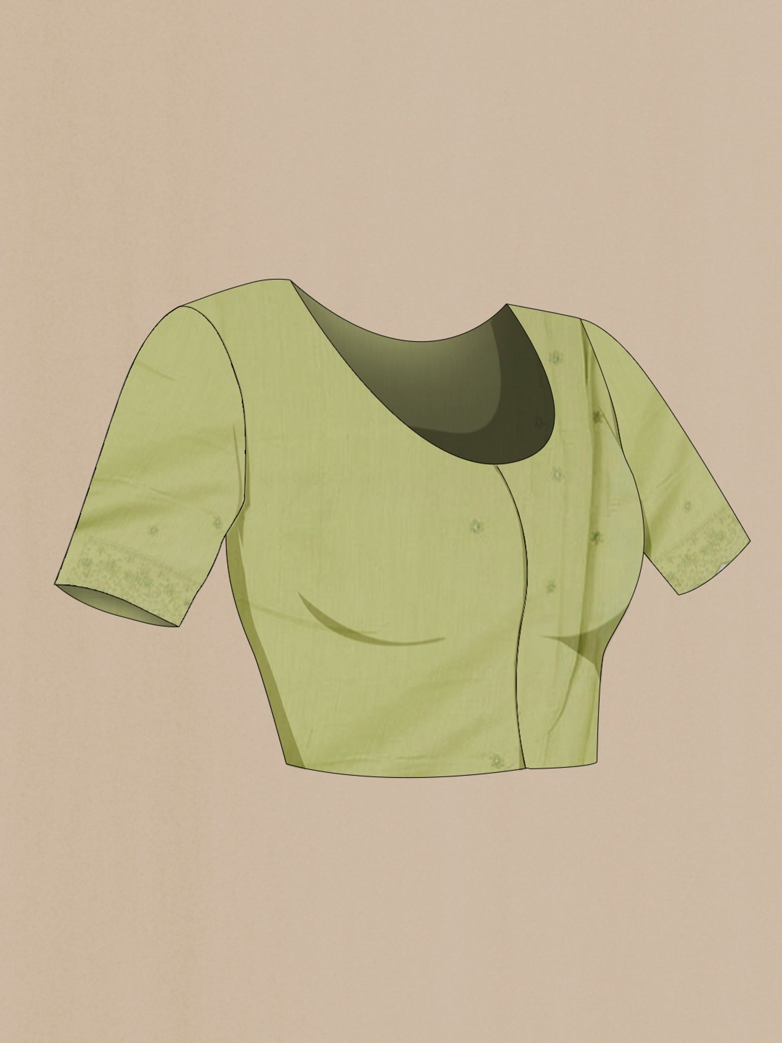 Close up image of the blouse of Green Organza Silk Saree with Zari Butta on the body and Embroidery Border. 