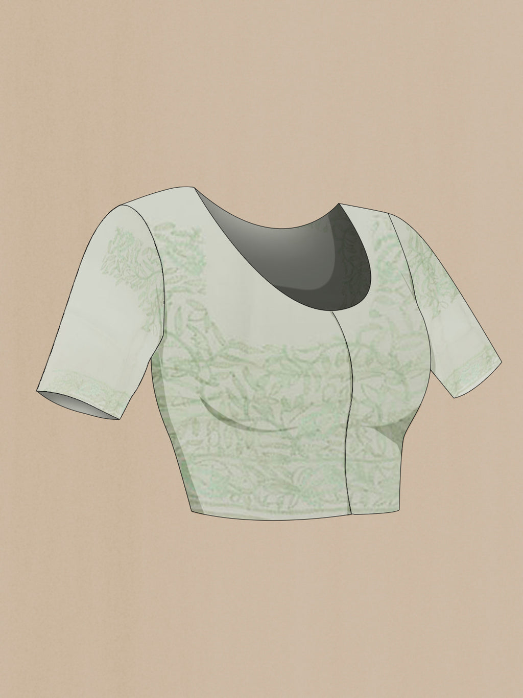Close up image of the blouse of Green Organza Silk Saree with Zari Butta on the body and Embroidery Border. 
