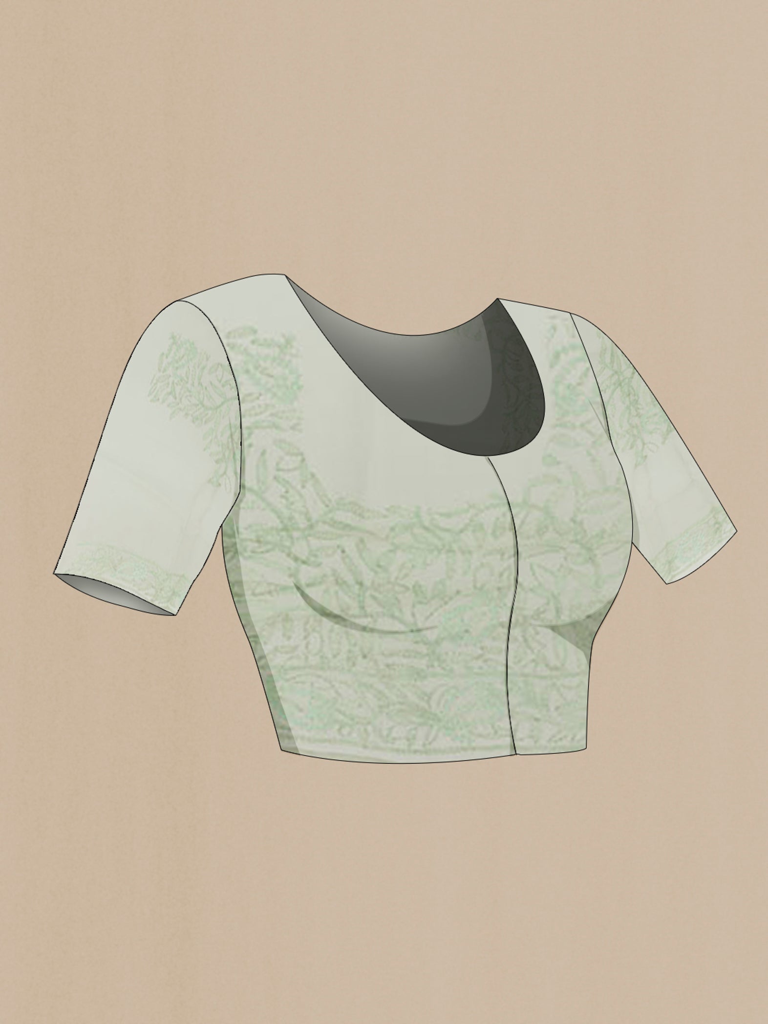 Close up image of the blouse of Green Organza Silk Saree with Zari Butta on the body and Embroidery Border. 