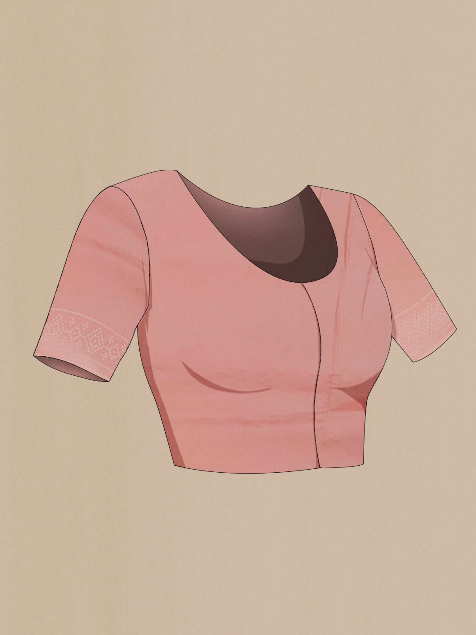 Close up image of the blouse of Pink Organza Silk Saree with Zari Butta on the body and Embroidery Border. 