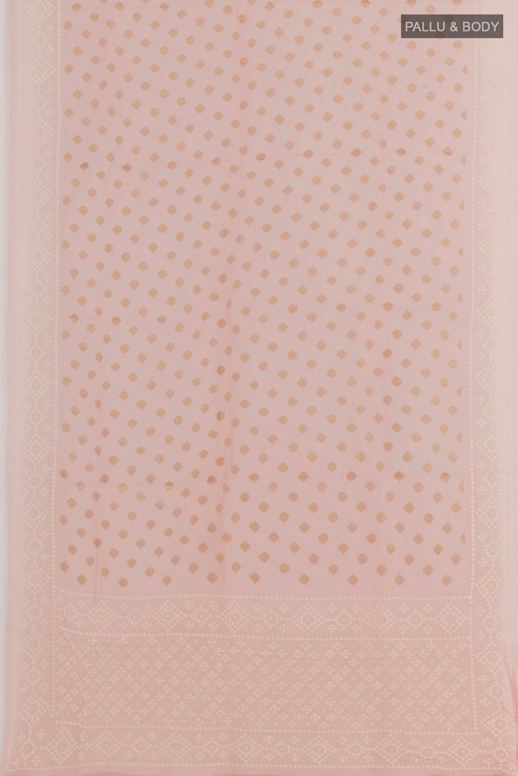 Flat view of Pink Organza Silk Saree with Zari Butta on the body and Embroidery Border. 
