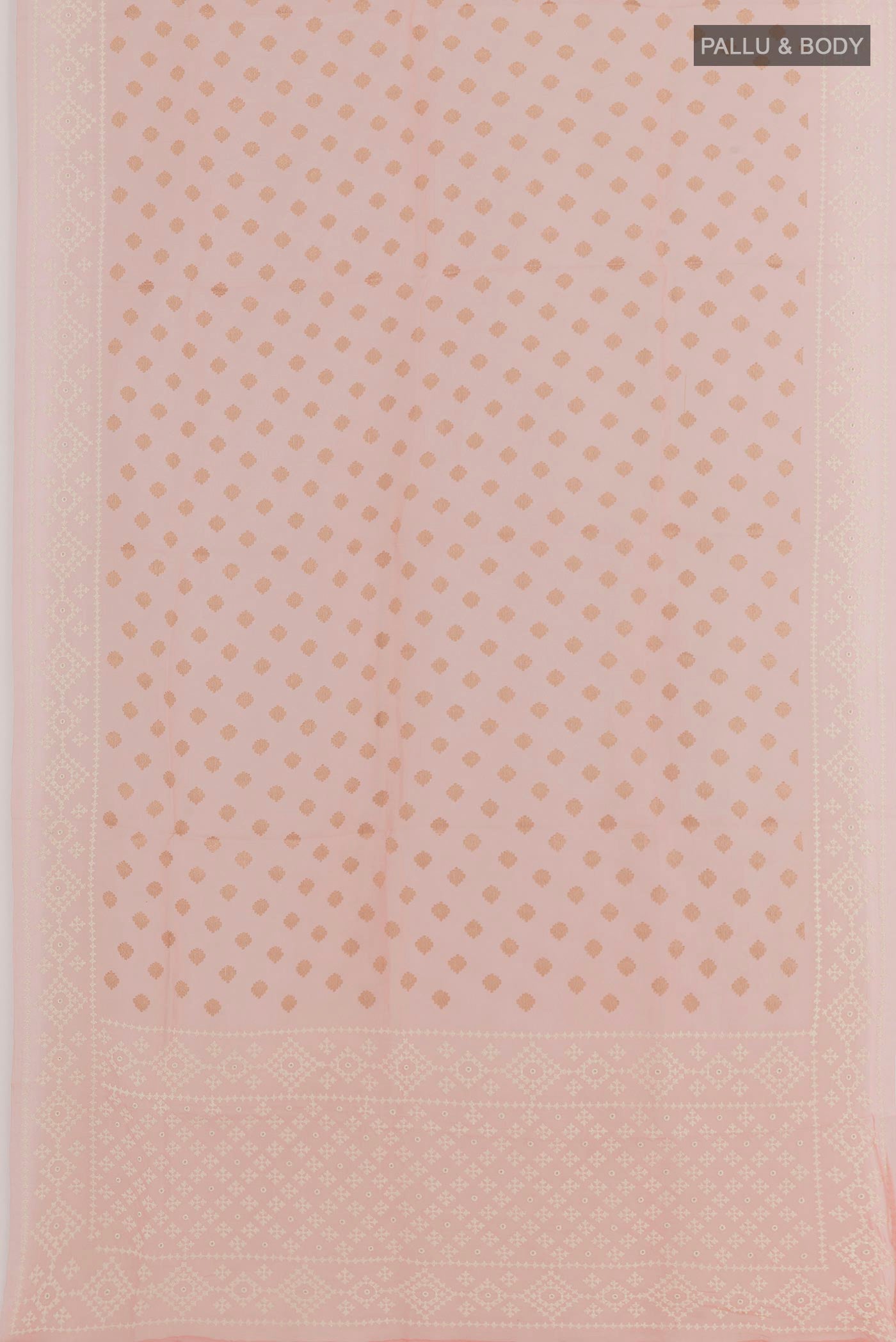 Flat view of Pink Organza Silk Saree with Zari Butta on the body and Embroidery Border. 