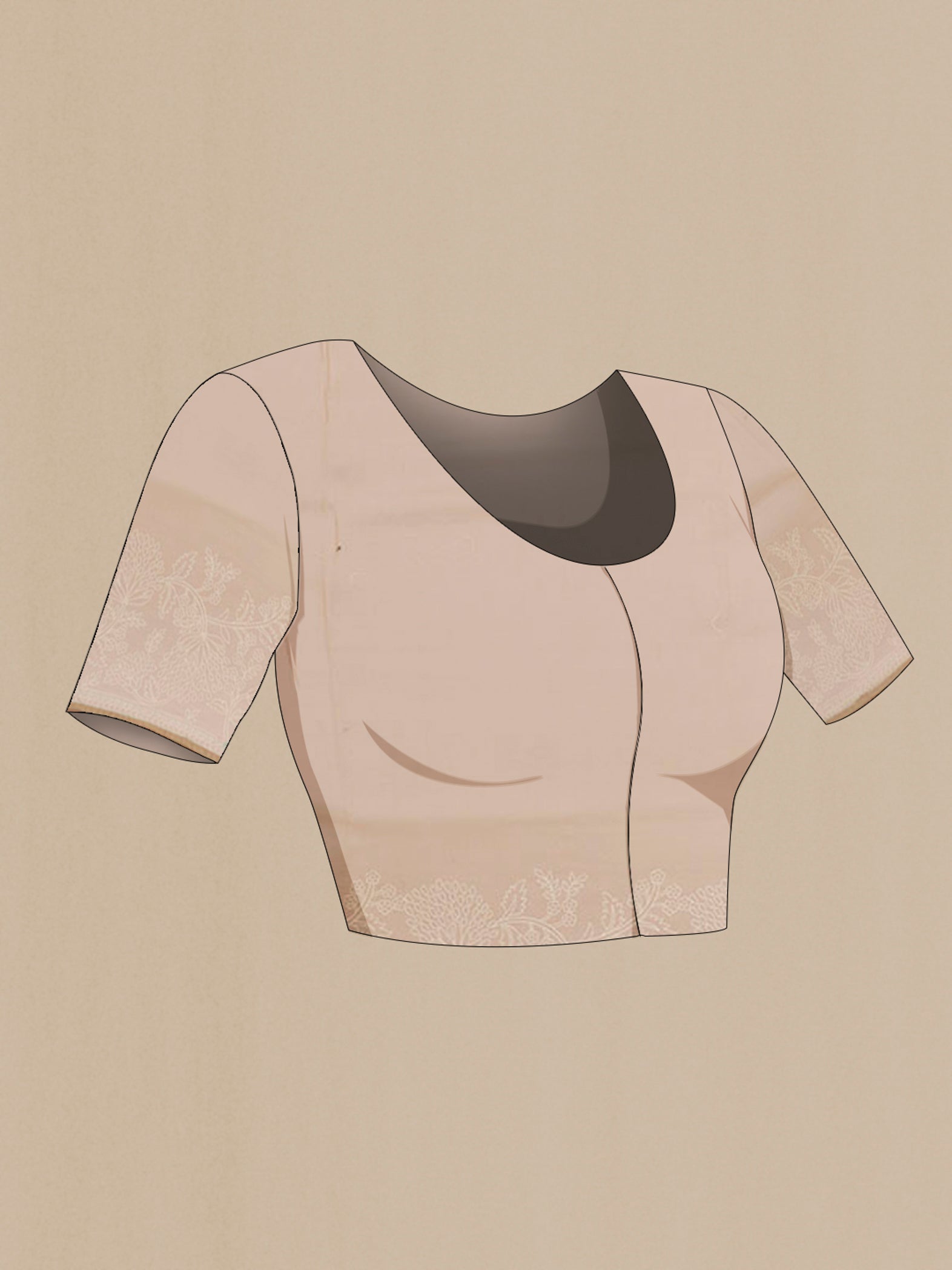 Close up image of the blouse of Beige Organza Silk Saree with Embroidery on the body and Embroidery Border. 