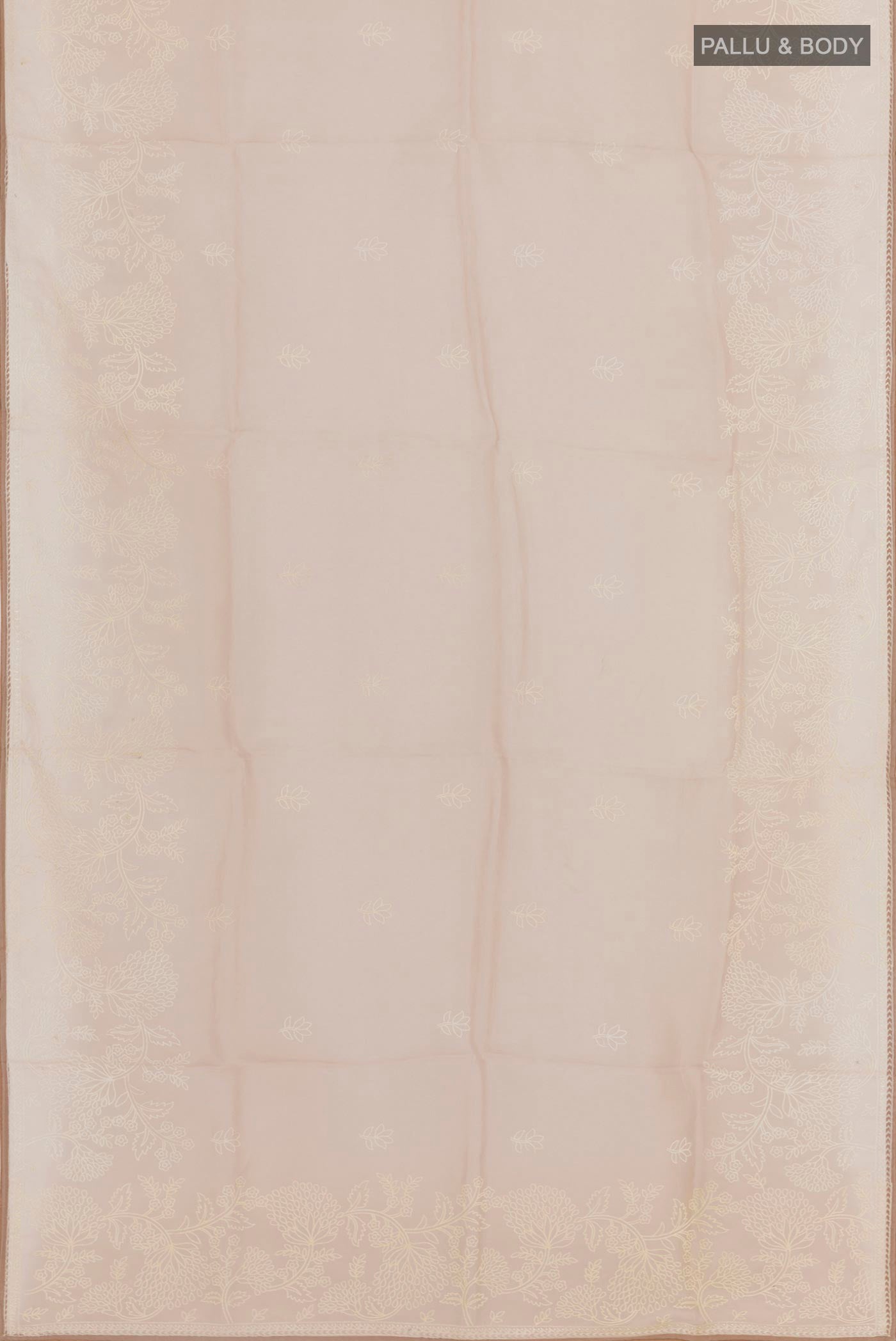 Flat view of Beige Organza Silk Saree with Embroidery on the body and Embroidery Border. 