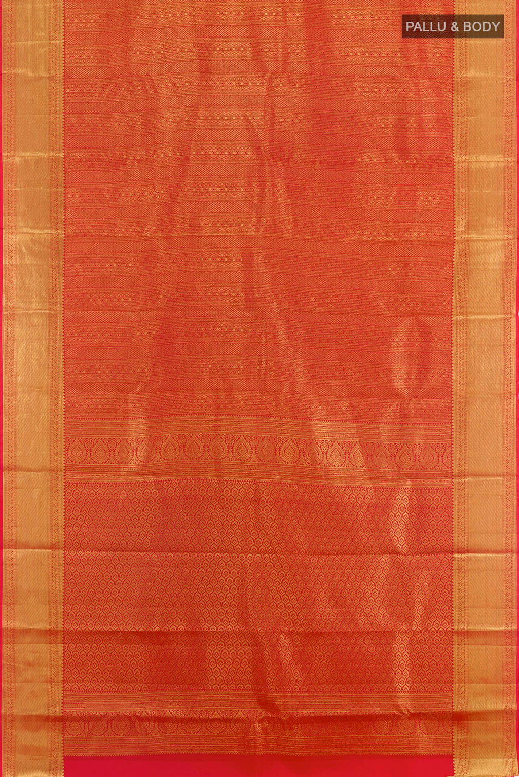 Flat view of Red Kanchipuram Silk Saree with Zari Brocade on the body and Zari Border. 