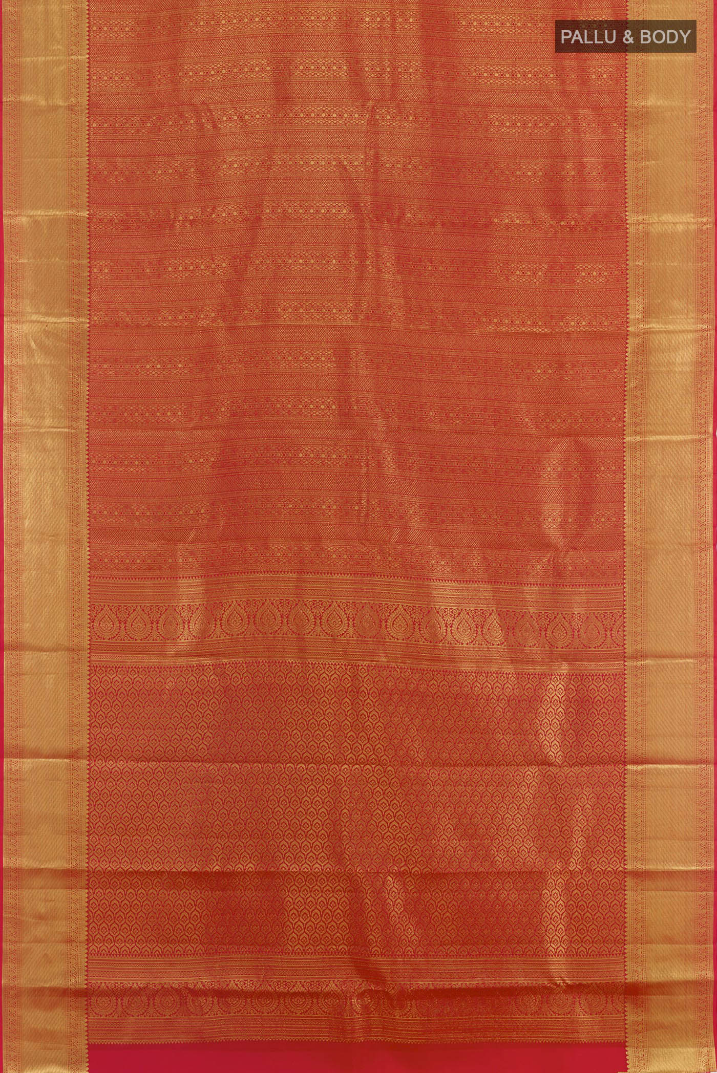 Flat view of Red Kanchipuram Silk Saree with Zari Brocade on the body and Zari Border. 