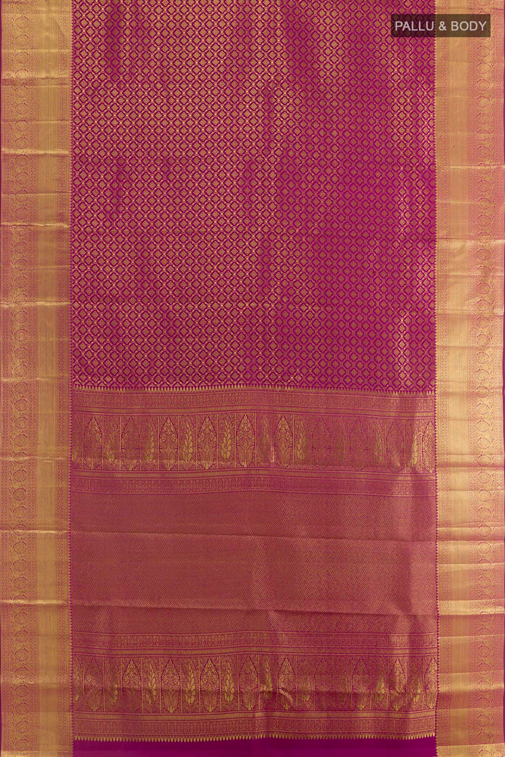 Flat view of Purple Kanchipuram Silk Saree with Zari Brocade on the body and Zari Border. 