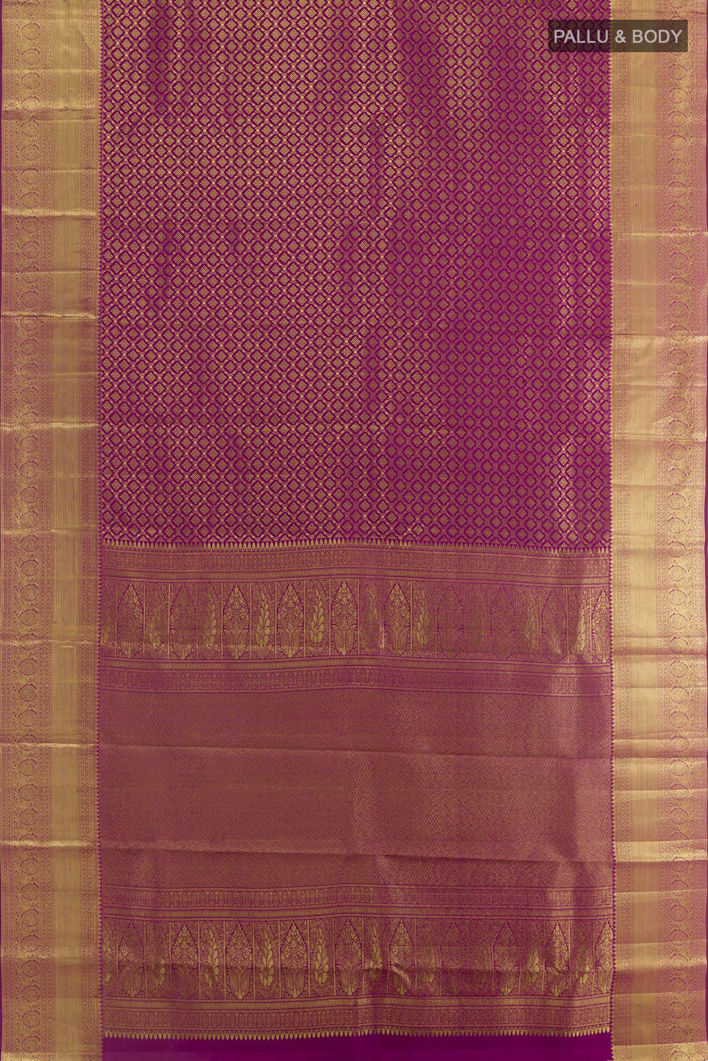 Flat view of Purple Kanchipuram Silk Saree with Zari Brocade on the body and Zari Border. 