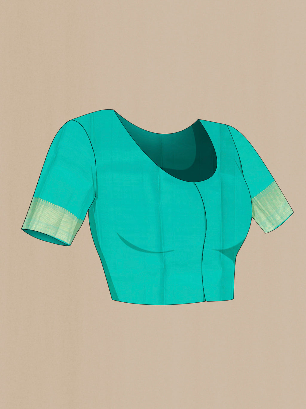 Close up image of the blouse of Sea Green Kanchipuram Silk Saree with Zari Brocade on the body and Zari Border. 