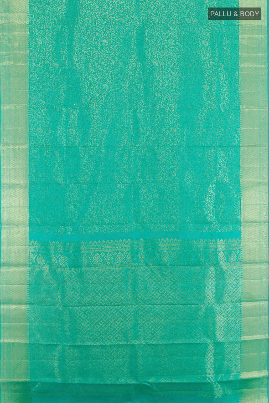 Flat view of Sea Green Kanchipuram Silk Saree with Zari Brocade on the body and Zari Border. 