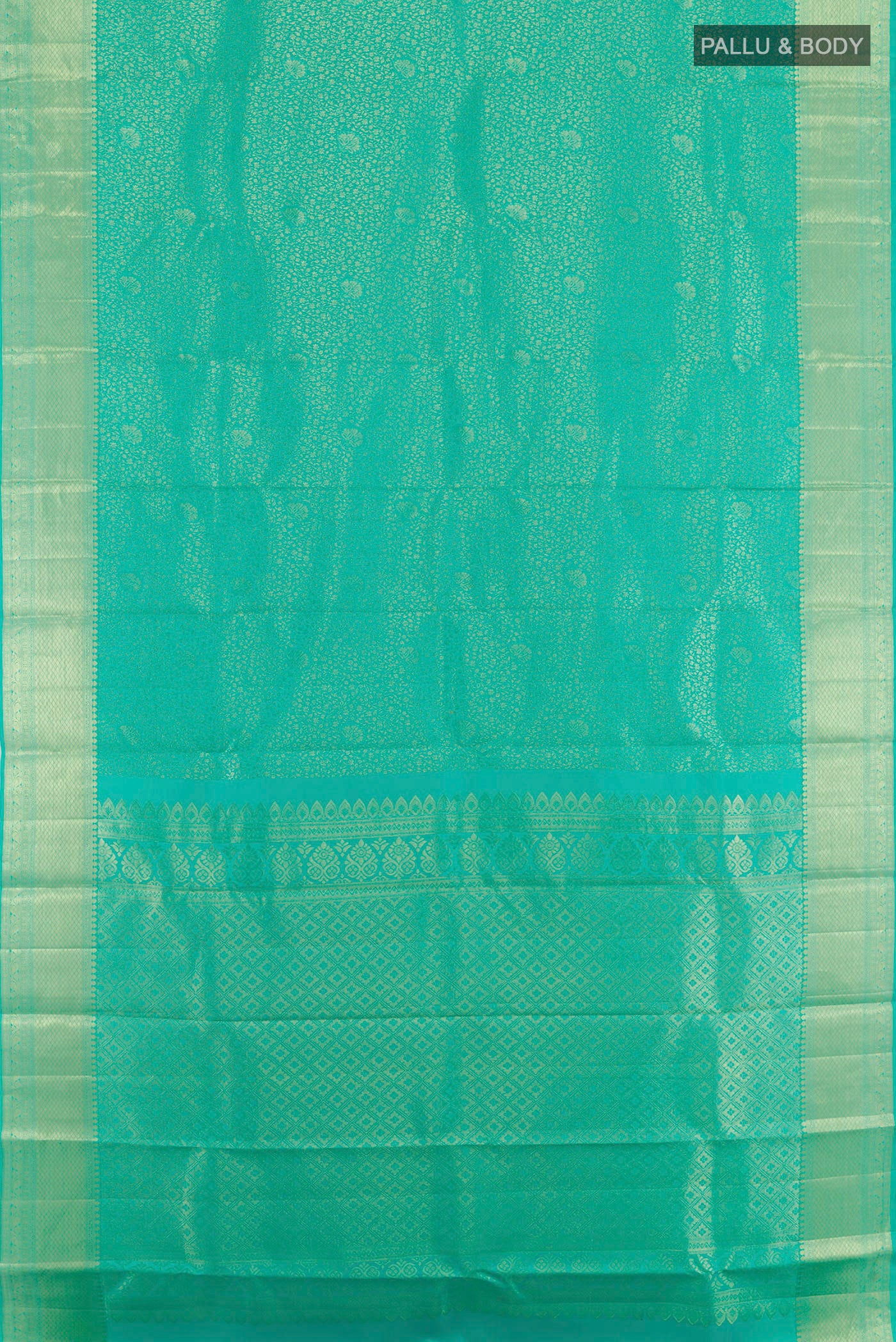 Flat view of Sea Green Kanchipuram Silk Saree with Zari Brocade on the body and Zari Border. 