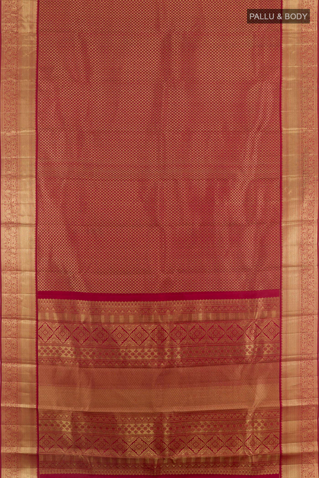 Flat view of Brown Kanchipuram Silk Saree with Zari Brocade on the body and Zari Border. 