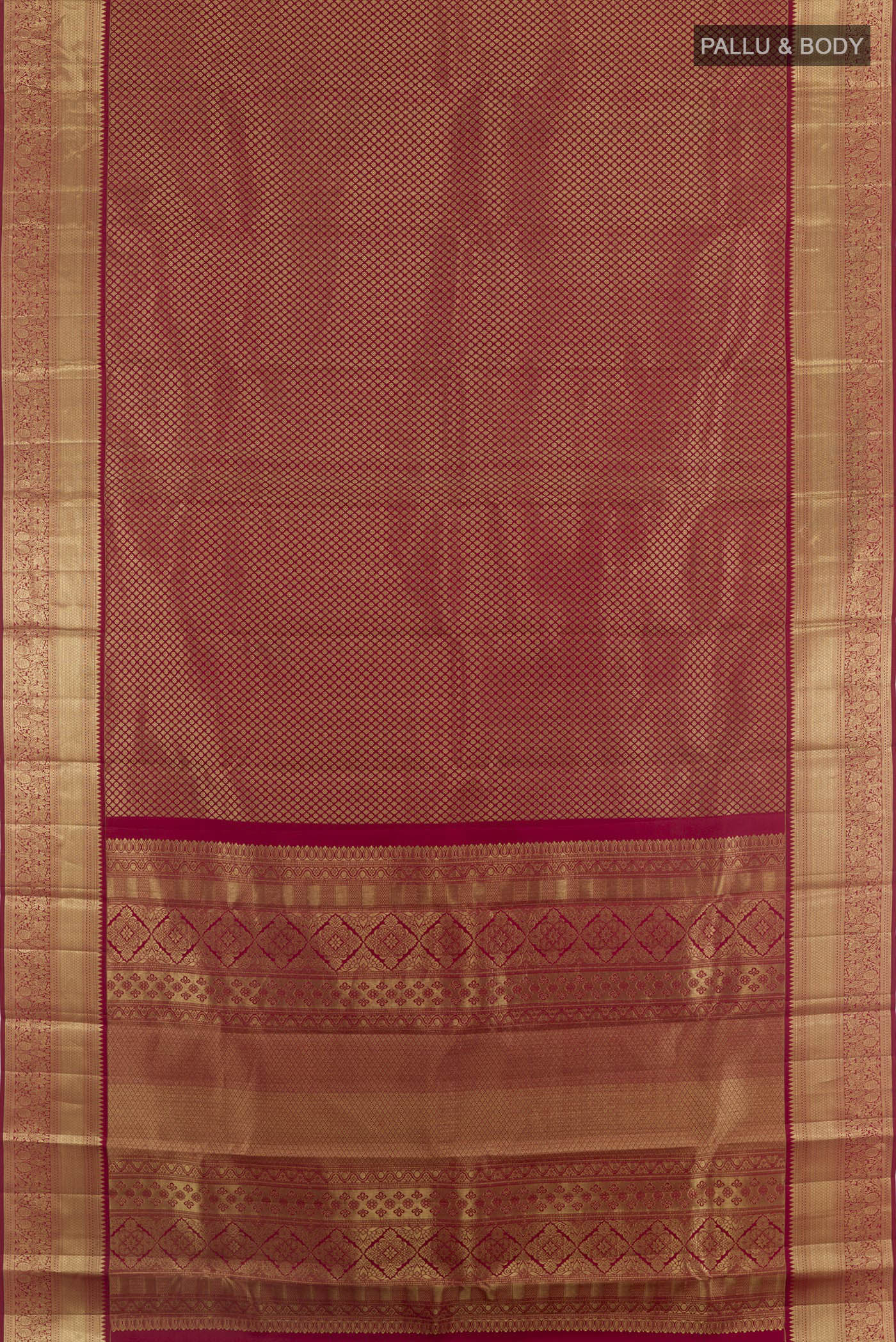 Flat view of Brown Kanchipuram Silk Saree with Zari Brocade on the body and Zari Border. 