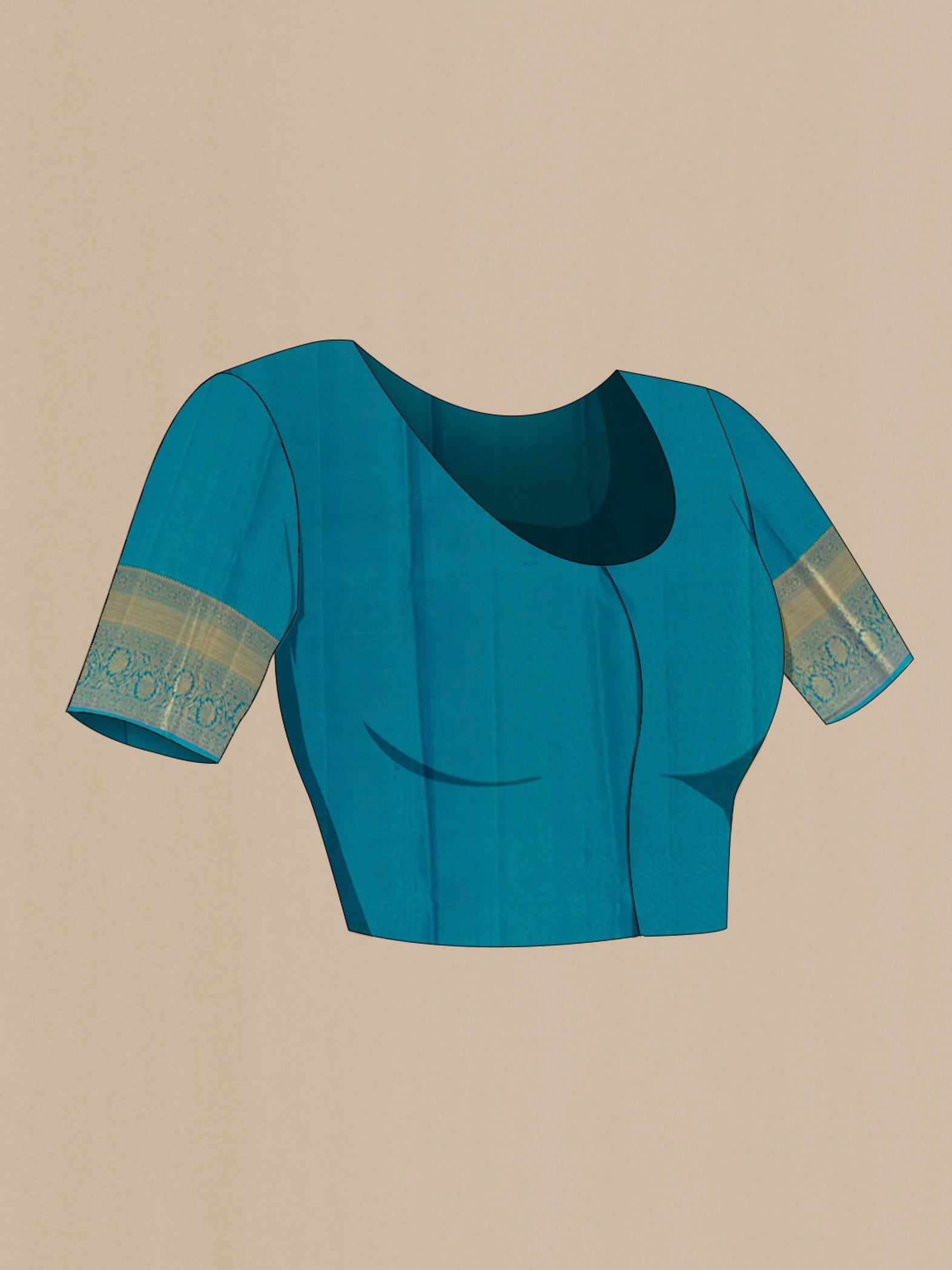 Close up image of the blouse of Sea Green Kanchipuram Silk Saree with Zari Brocade on the body and Zari Border. 