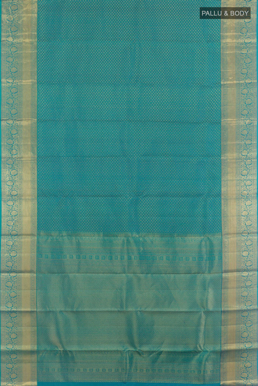 Flat view of Sea Green Kanchipuram Silk Saree with Zari Brocade on the body and Zari Border. 