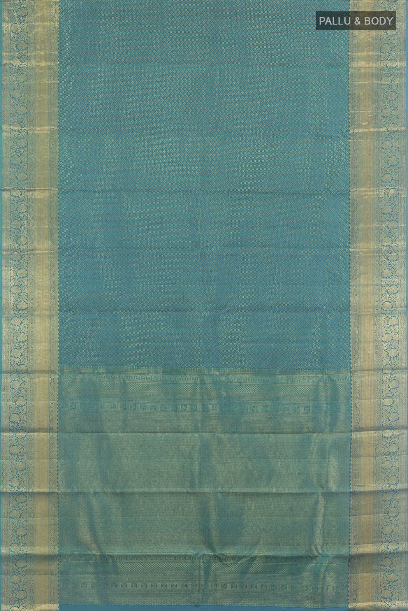Flat view of Sea Green Kanchipuram Silk Saree with Zari Brocade on the body and Zari Border. 