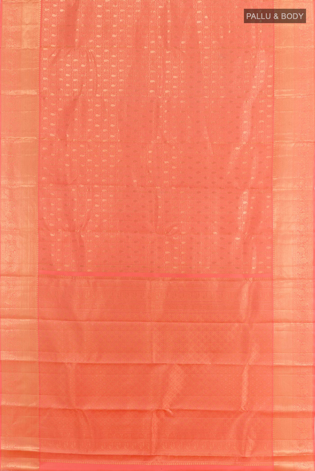 Flat view of Rose pink Kanchipuram Silk Saree with Zari Brocade on the body and Zari Border. 
