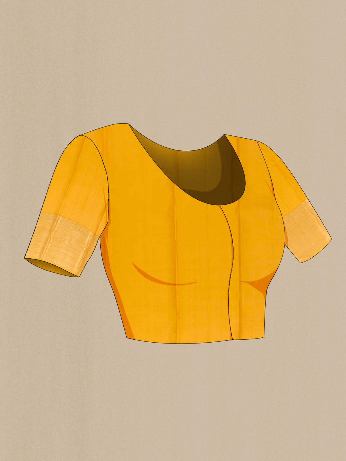 Close up image of the blouse of Yellow Kanchipuram Silk Saree with Zari Brocade on the body and Zari Border. 