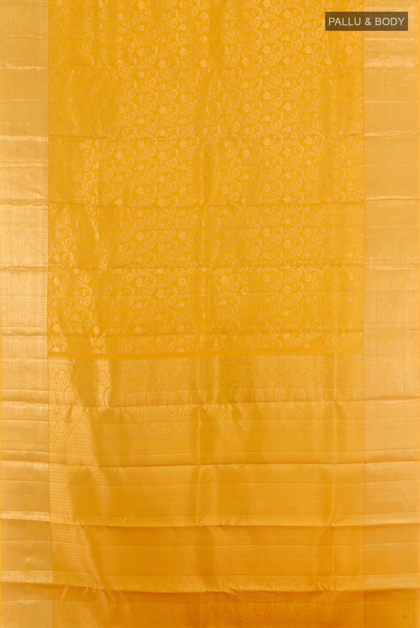 Flat view of Yellow Kanchipuram Silk Saree with Zari Brocade on the body and Zari Border. 