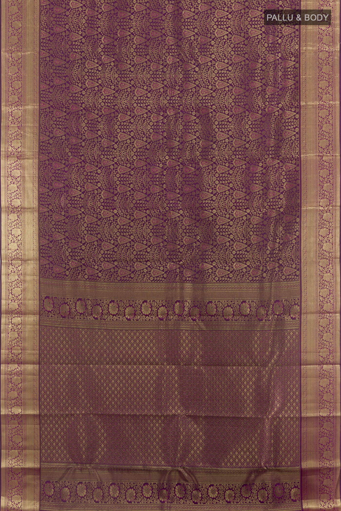 Flat view of Purple Kanchipuram Silk Saree with Zari Brocade on the body and Zari Border. 