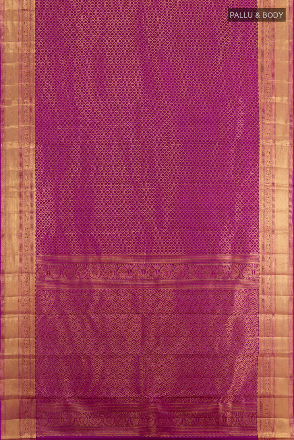 Flat view of Purple Kanchipuram Silk Saree with Zari Brocade on the body and Zari Border. 