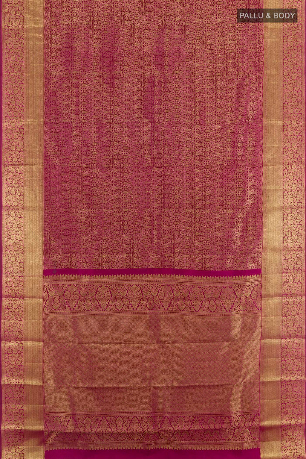 Flat view of Purple Kanchipuram Silk Saree with Zari Brocade on the body and Zari Border. 