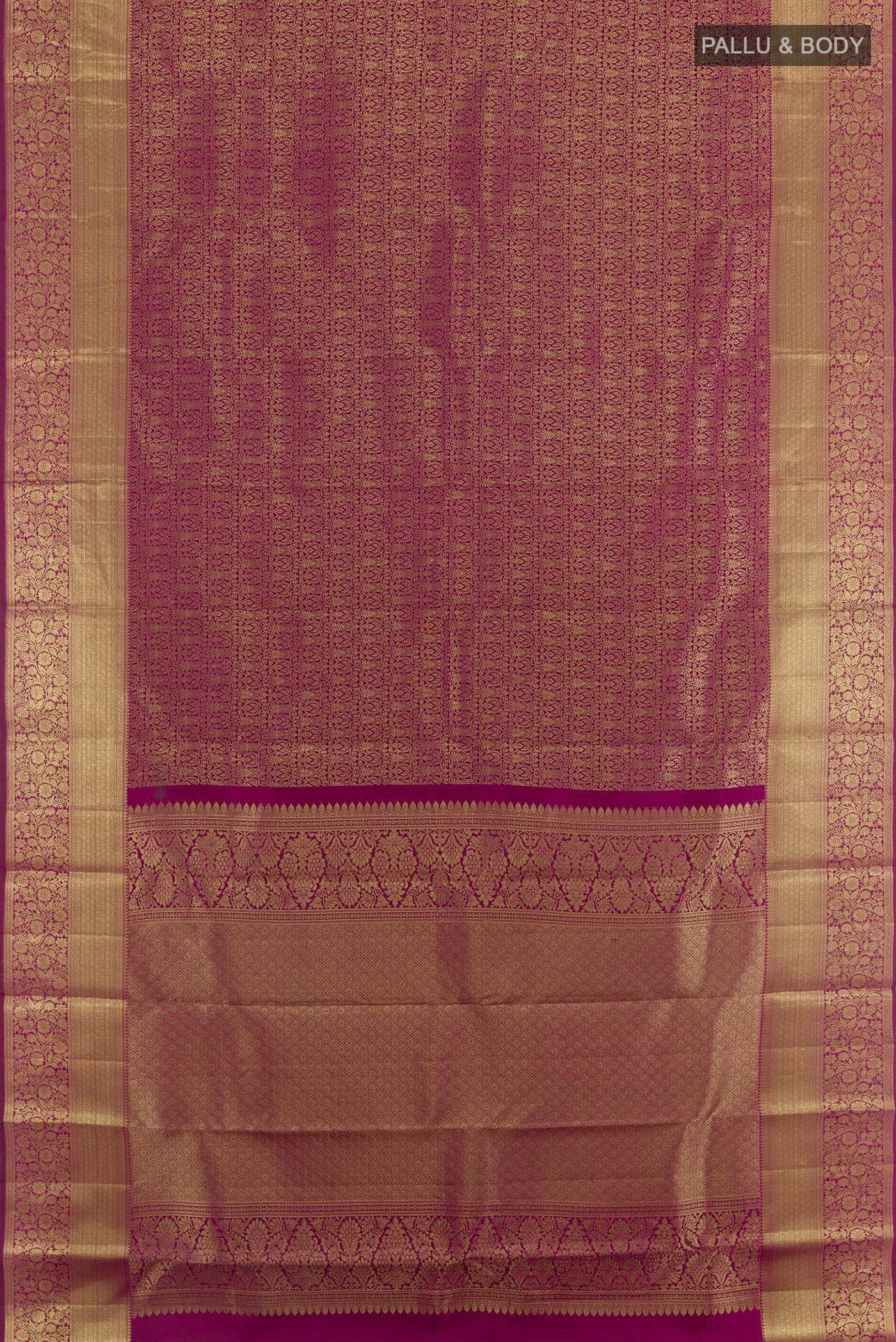 Flat view of Purple Kanchipuram Silk Saree with Zari Brocade on the body and Zari Border. 