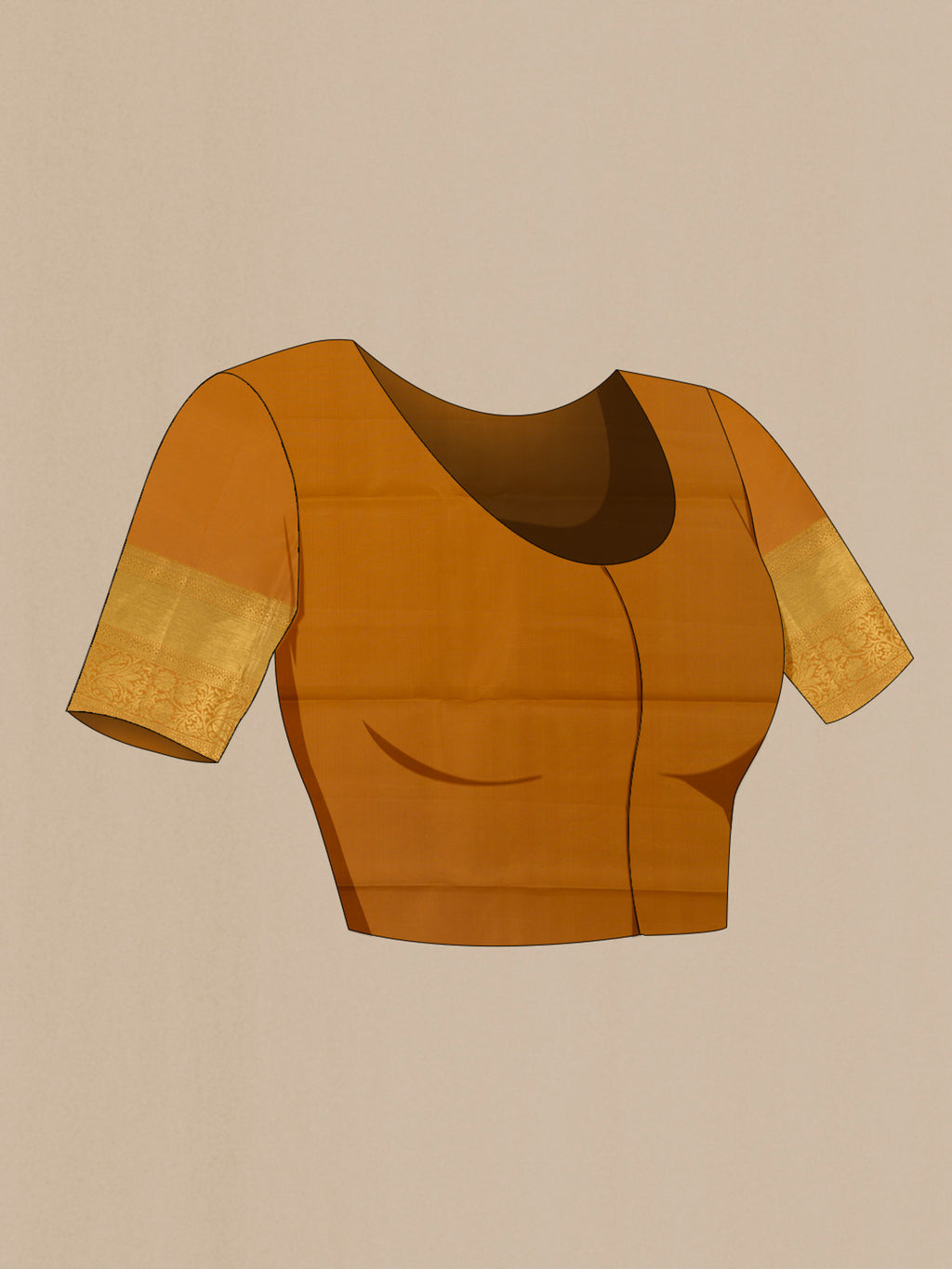 Close up image of the blouse of Pure Silk Mustard Kanchipuram Saree with Zari Brocade on the body and Zari Border. 