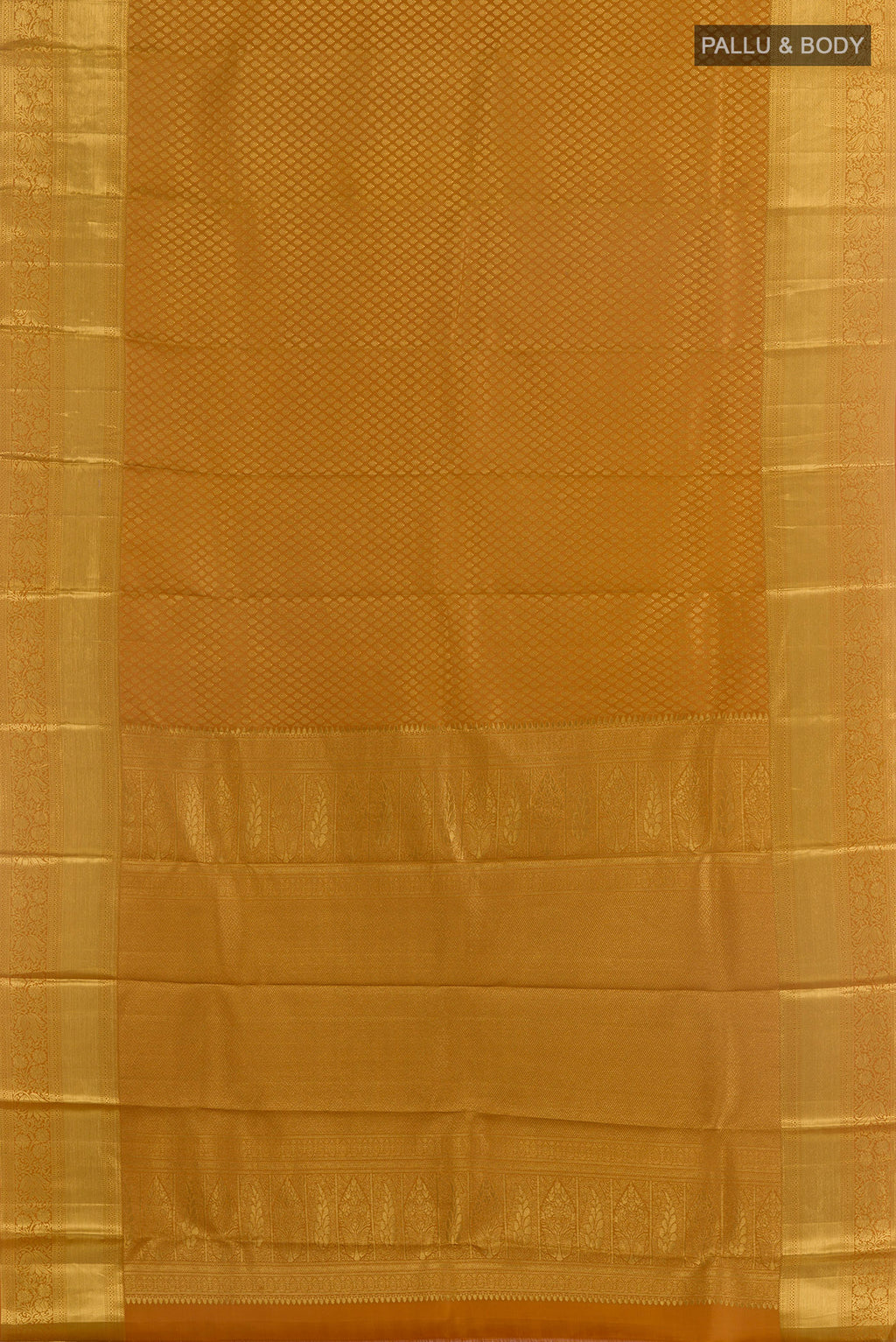 Flat view of Pure Silk Mustard Kanchipuram Saree with Zari Brocade on the body and Zari Border. 