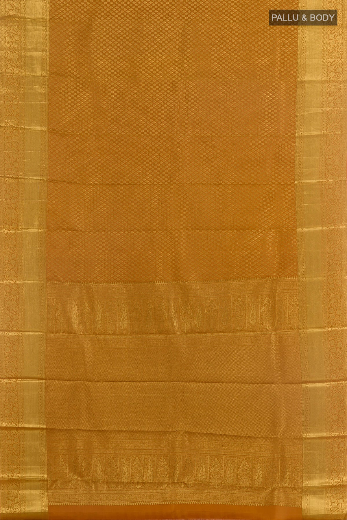 Flat view of Pure Silk Mustard Kanchipuram Saree with Zari Brocade on the body and Zari Border. 