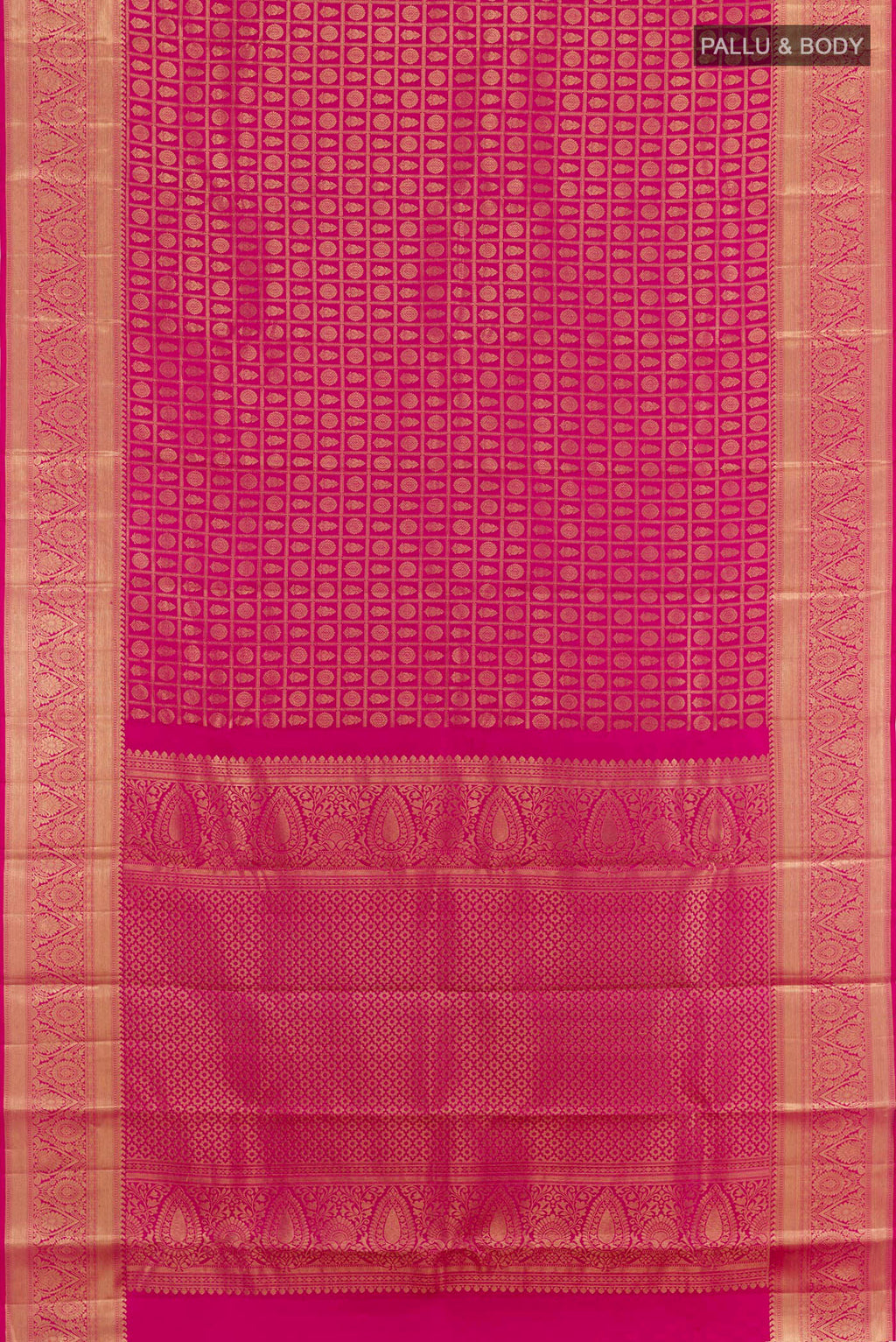 Flat view of Pink Kanchipuram Silk Saree with Zari Brocade on the body and Zari Border. 