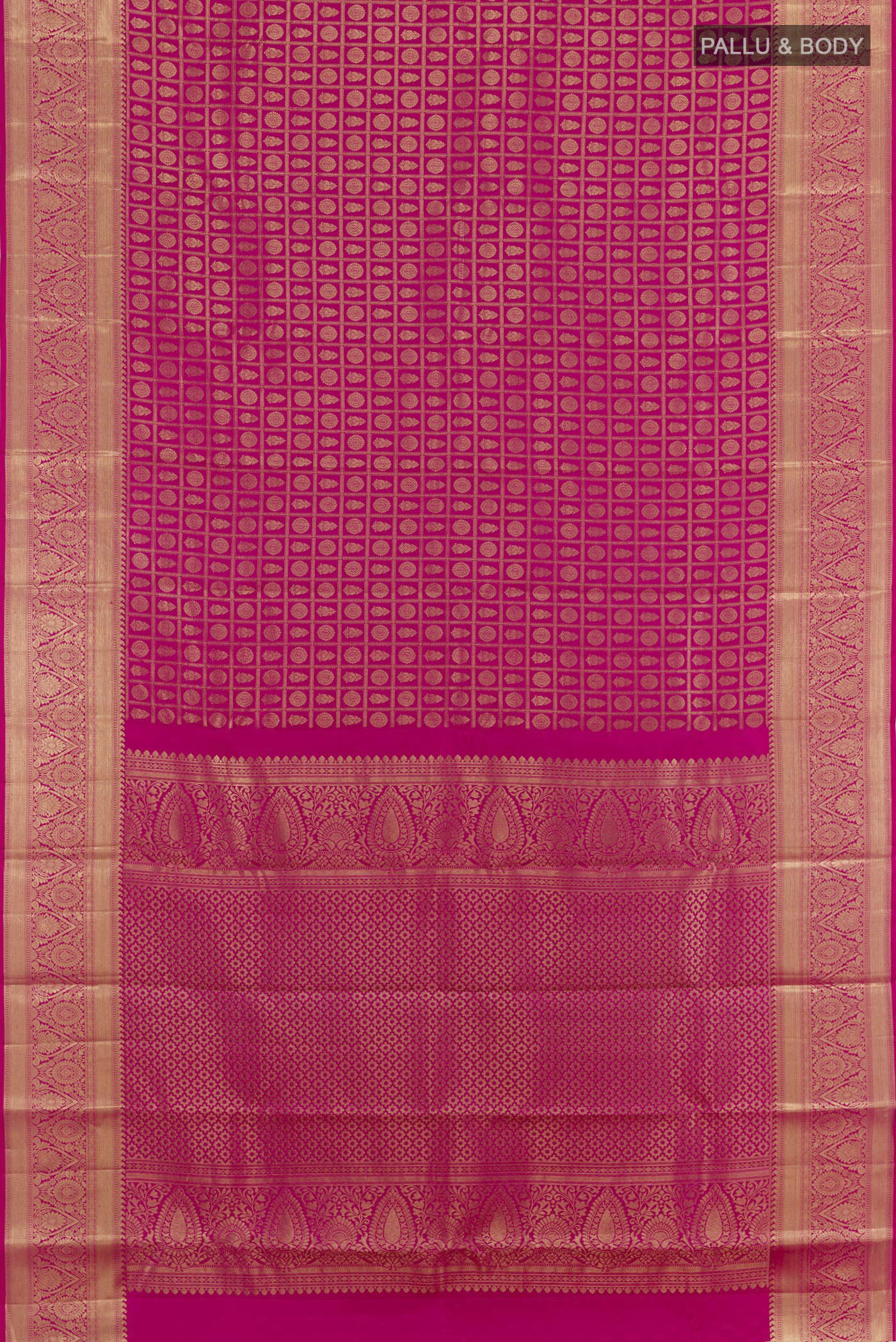 Flat view of Pink Kanchipuram Silk Saree with Zari Brocade on the body and Zari Border. 