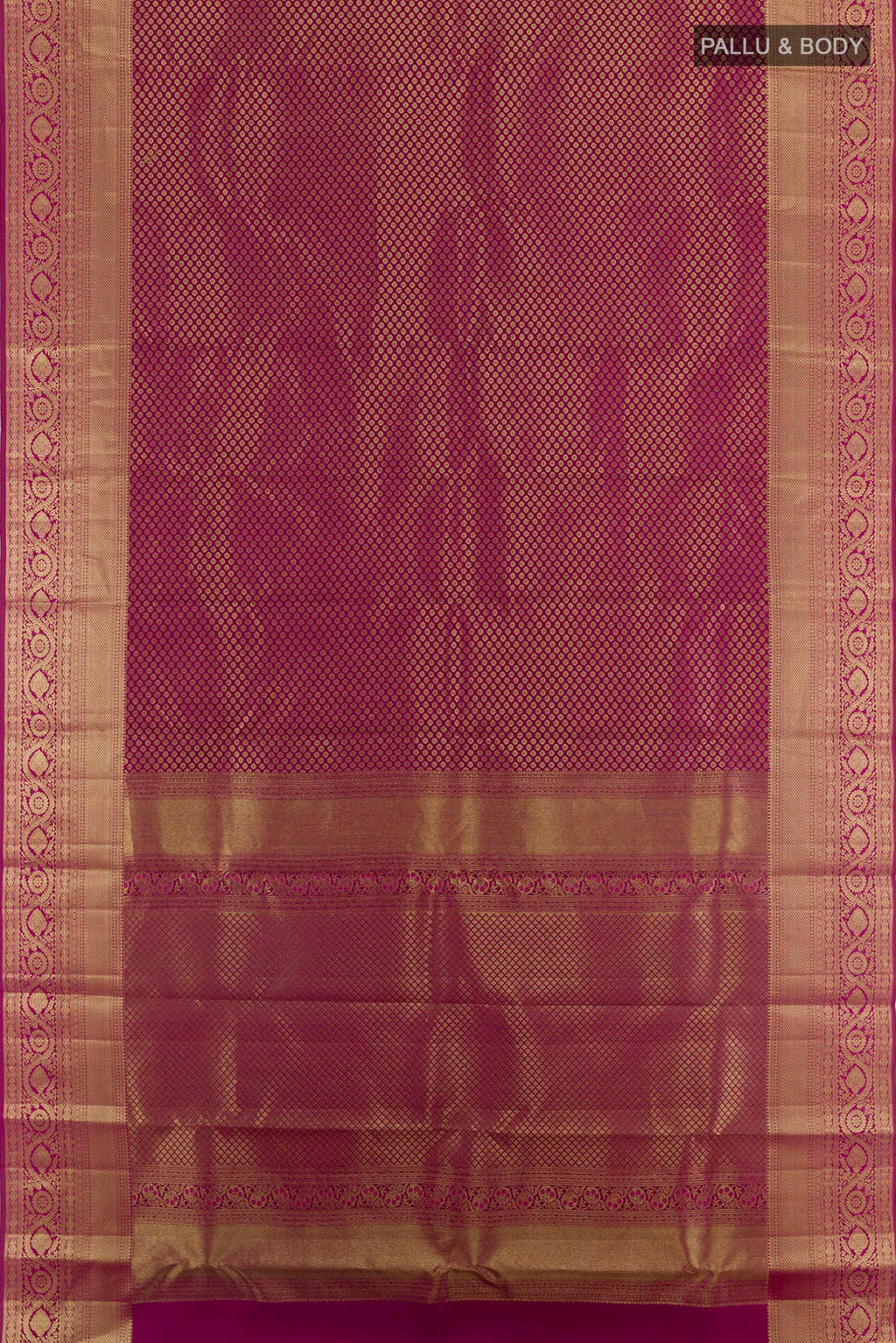 Flat view of Purple Kanchipuram Silk Saree with Zari Brocade on the body and Zari Border. 