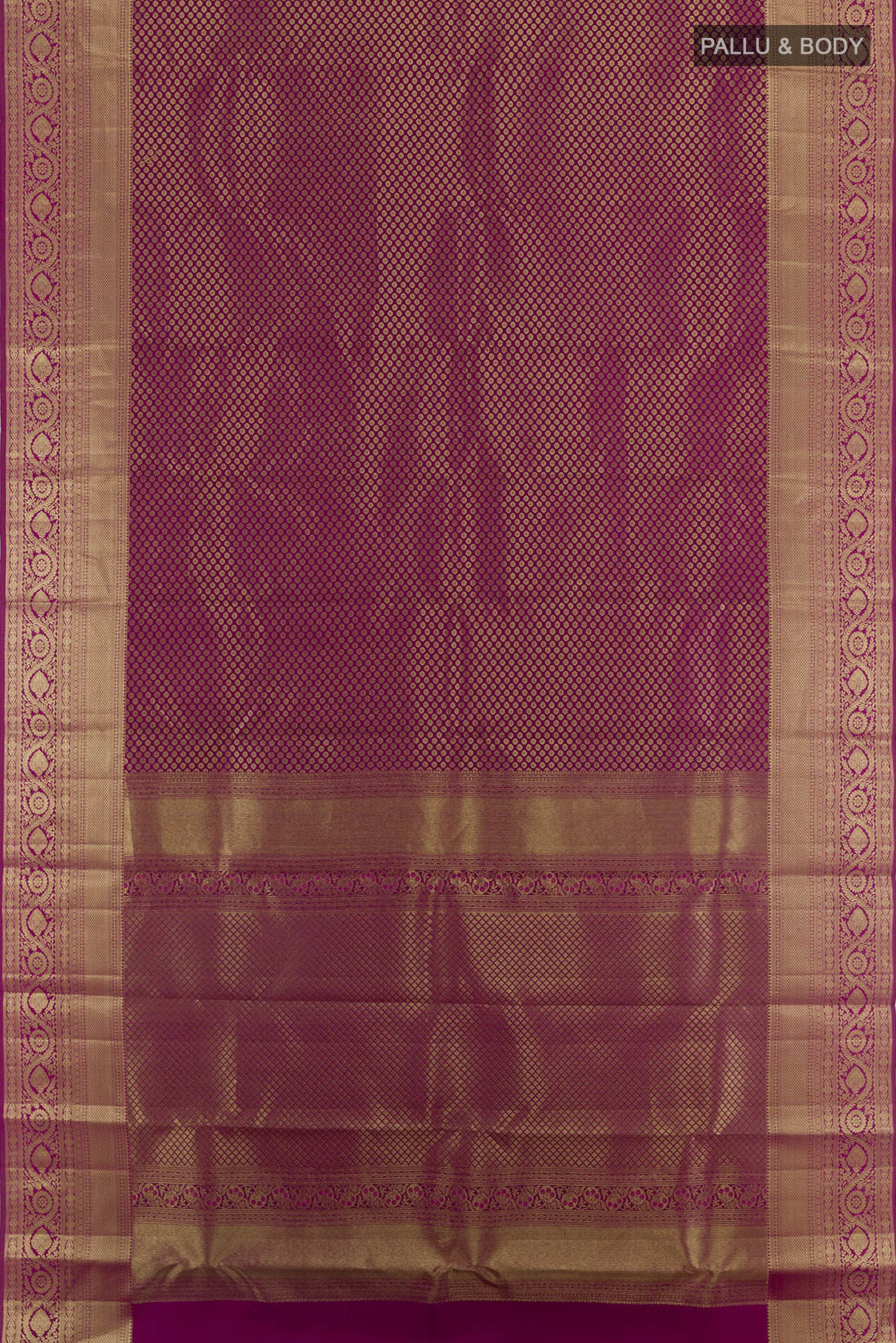 Flat view of Purple Kanchipuram Silk Saree with Zari Brocade on the body and Zari Border. 